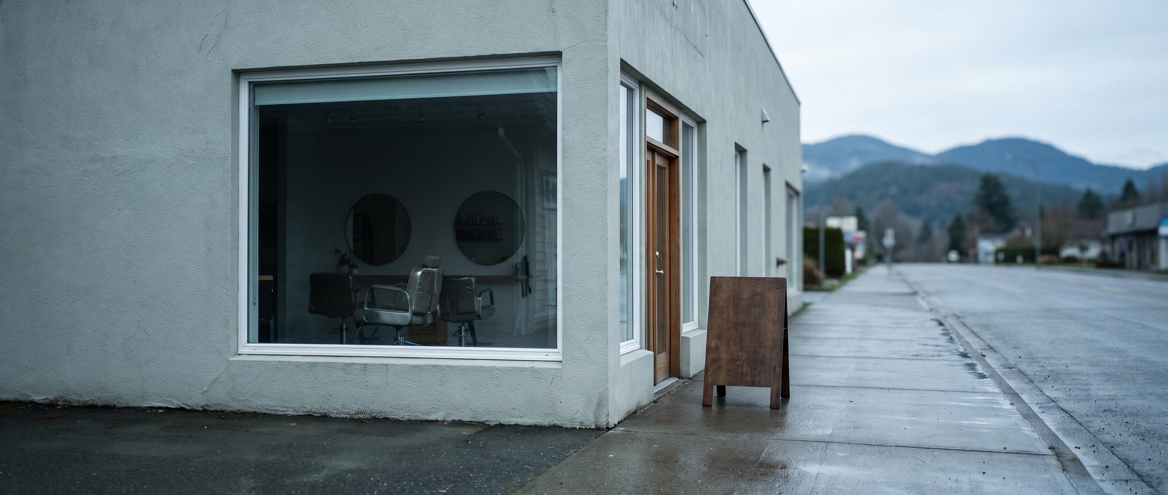 The salon from the street: a storefront window in pale plaster, a sandwich board on the pavement, mountains at the end of the road