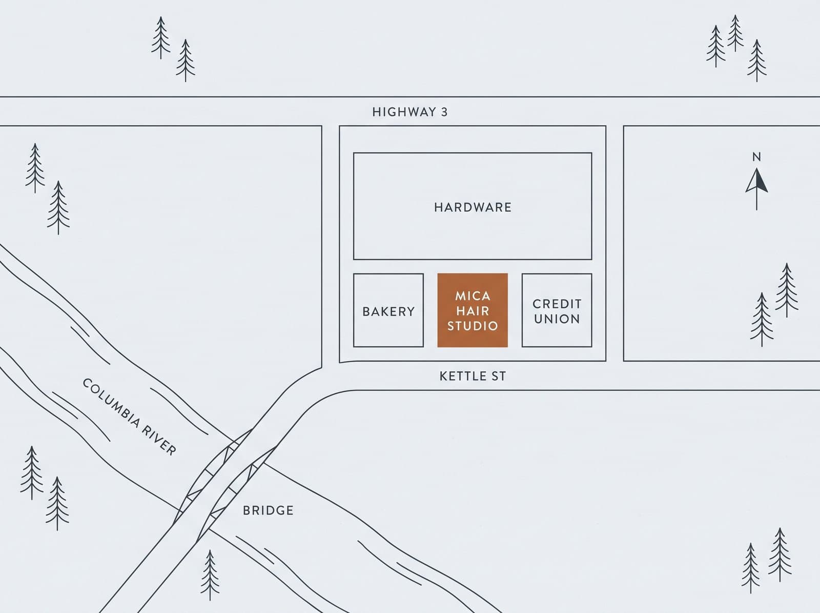 A drawn map of Alder Bend: Highway 3 across the top, Kettle Street one block back from the Columbia River, Mica Hair Studio marked in copper between the bakery and the credit union, with the hardware store behind and the bridge to the south west.