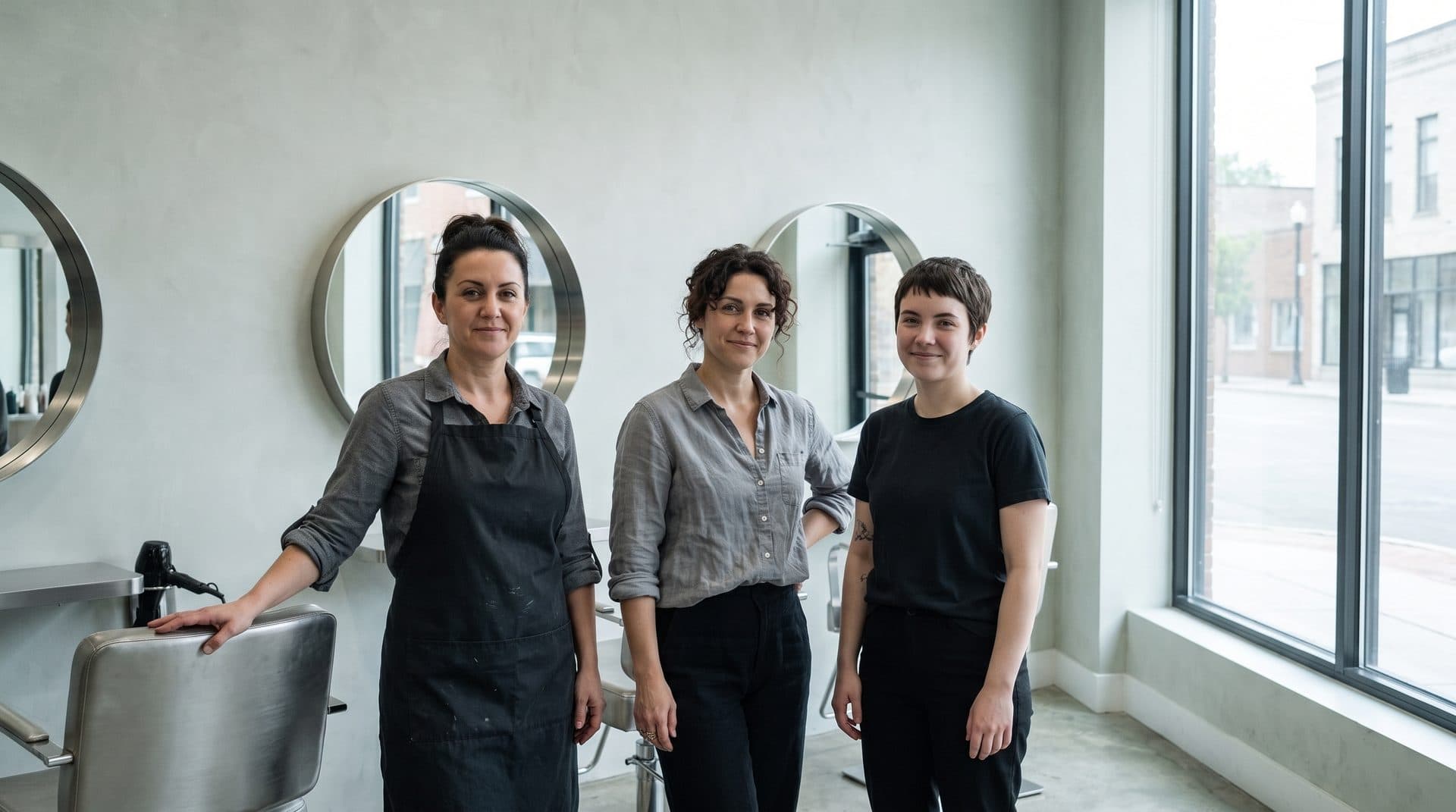 The three stylists standing together in the studio in front of the mirrors, from left to right Marin Vasey, Sylvie Renaud and Wren Ostberg