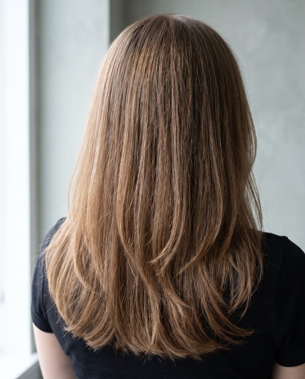 A soft mid length cut seen from behind, long invisible layers falling into each other so the ends move as one shape