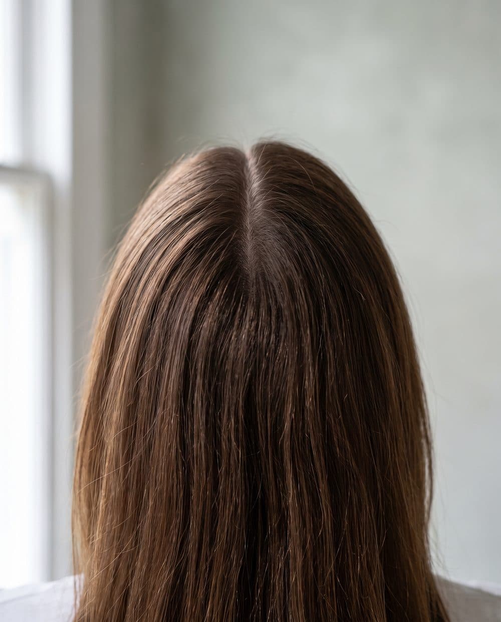 A root retouch seen from directly behind, the parting clean and the colour even from scalp through lengths with no band or darker strip